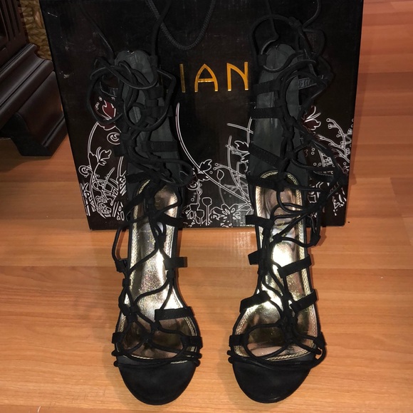 Black Faux Suede Crisscross Lace Up High Heels - Picture 5 of 9